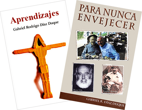 Portadas de los libros «Aprendizajes» y «Para nunca envejecer» del sacerdote Gabriel Rodrigo Díaz Duque (1933 - 2019)