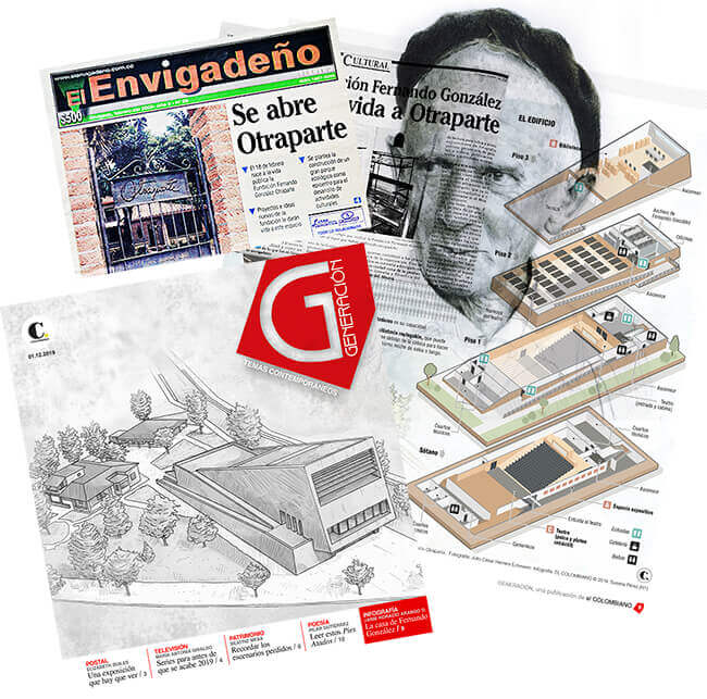 Logros de la Corporación Otraparte - Montaje con artículos de prensa y una ilustración de Fernando González