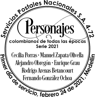 Matasellos de la emisión filatélica «Personajes colombianos de todas las épocas» (serie 2021)
