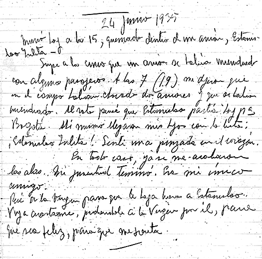 Facsímil de la nota manuscrita de Fernando González sobre la muerte de su amigo Estanislao Zuleta Ferrer