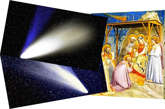 Fotos de dos cometas y la pintura «La adoración de los magos» de Giotto