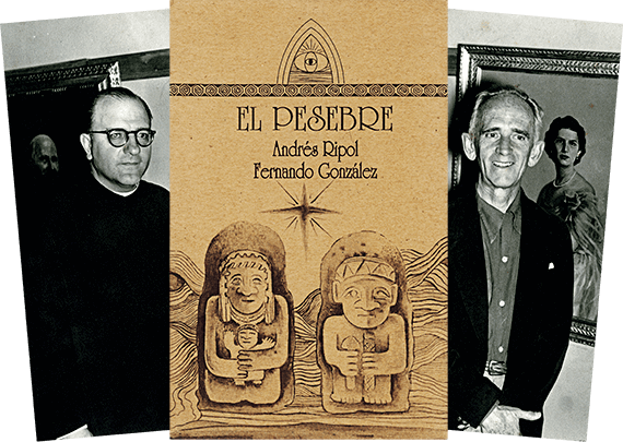 Montaje fotográfico del padre Andrés Ripol y Fernando González con la portada del libro «El Pesebre»
