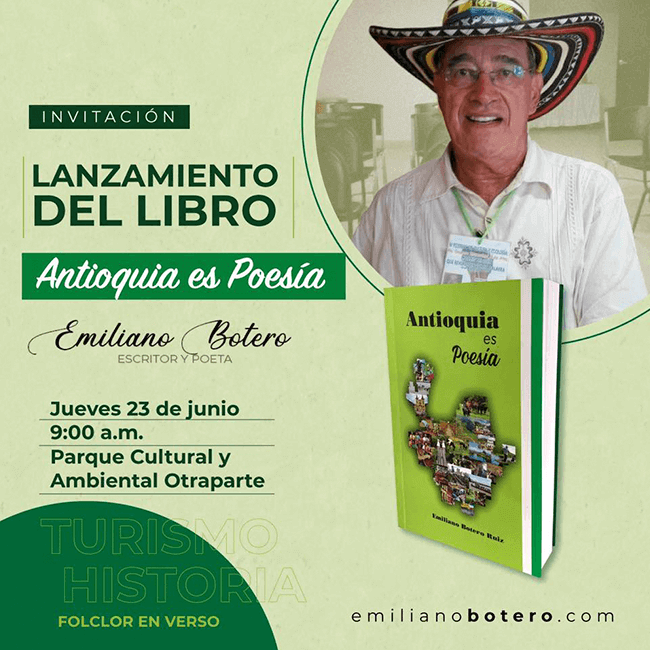Pieza de invitación a la presentación del libro «Antioquia es poesía» de Emiliano Botero Ruiz