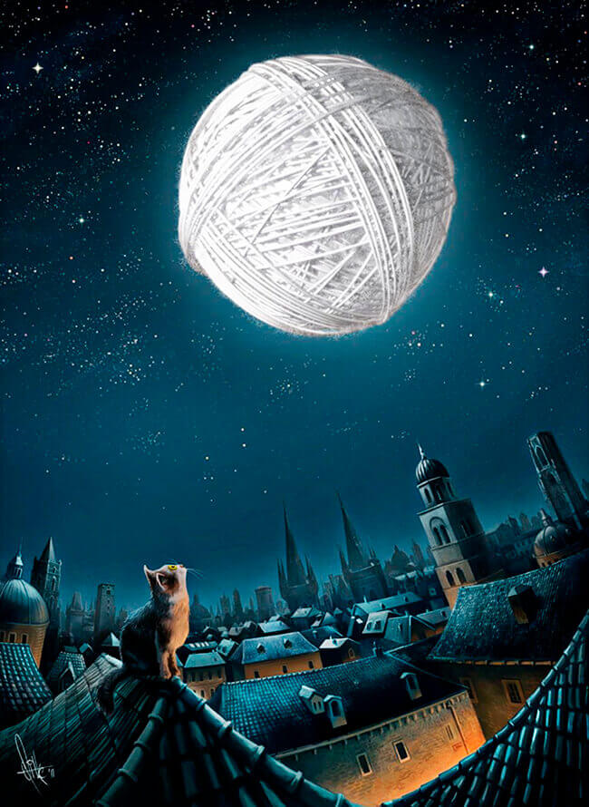 Ilustración de un gato sobre el tejado mirando una luna de lana