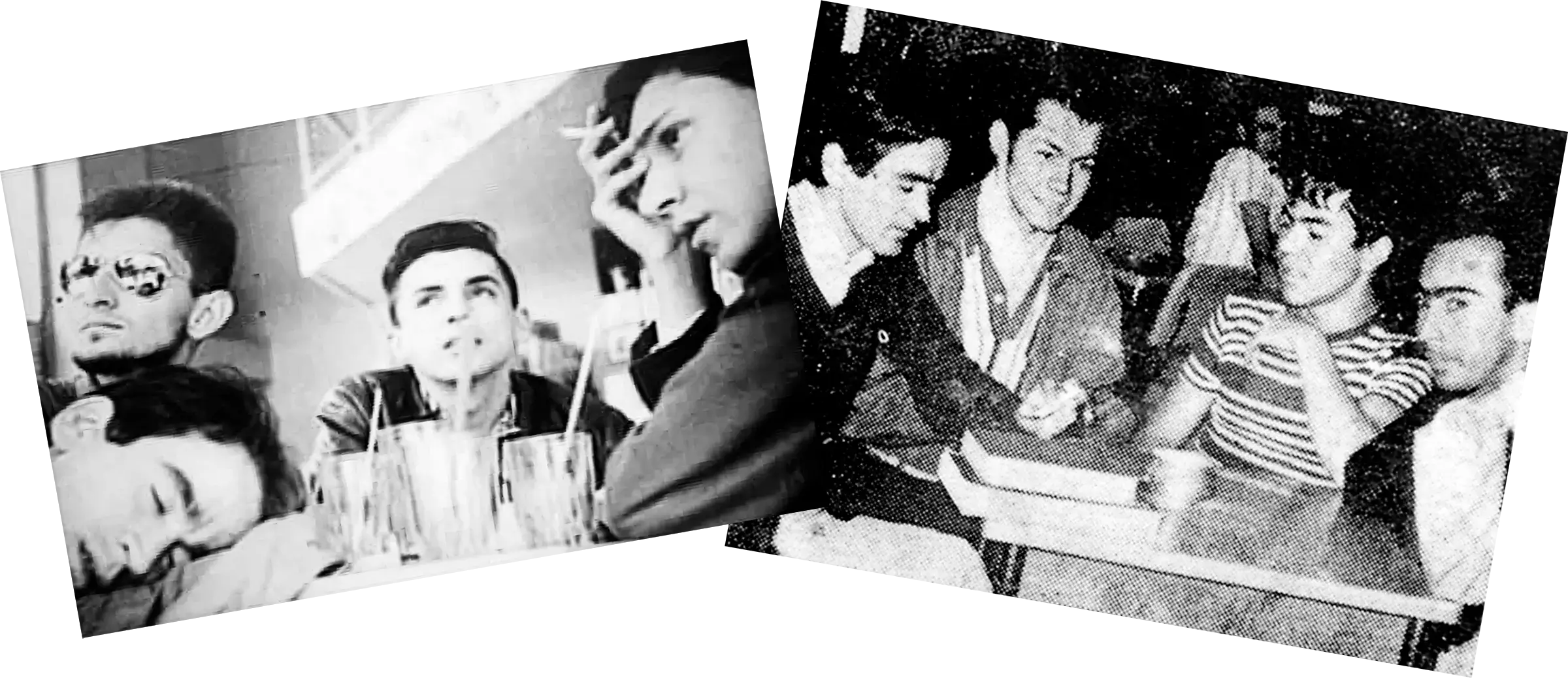Dos reuniones alrededor de mesas: en una, los jóvenes posan entre vasos y cigarrillos; en otra, comparten la lectura de unas hojas.