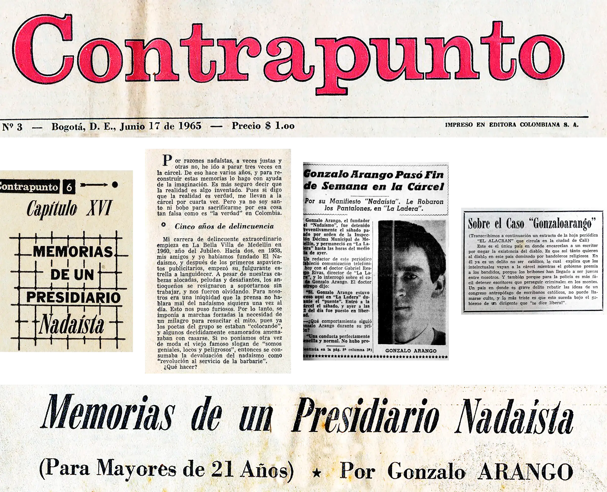 Montaje de recortes de Contrapunto con el título Memorias de un presidiario nadaísta y una noticia sobre el encarcelamiento de Gonzalo Arango.