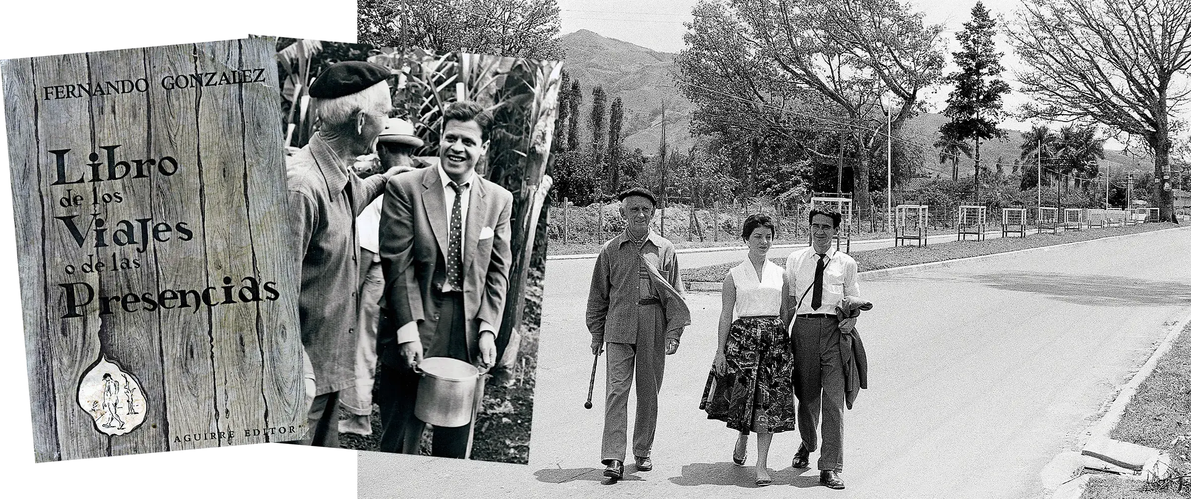 Montaje de la cubierta del Libro de los viajes o de las presencias y dos fotografías: un encuentro entre dos hombres y tres personas caminando hacia Otraparte.