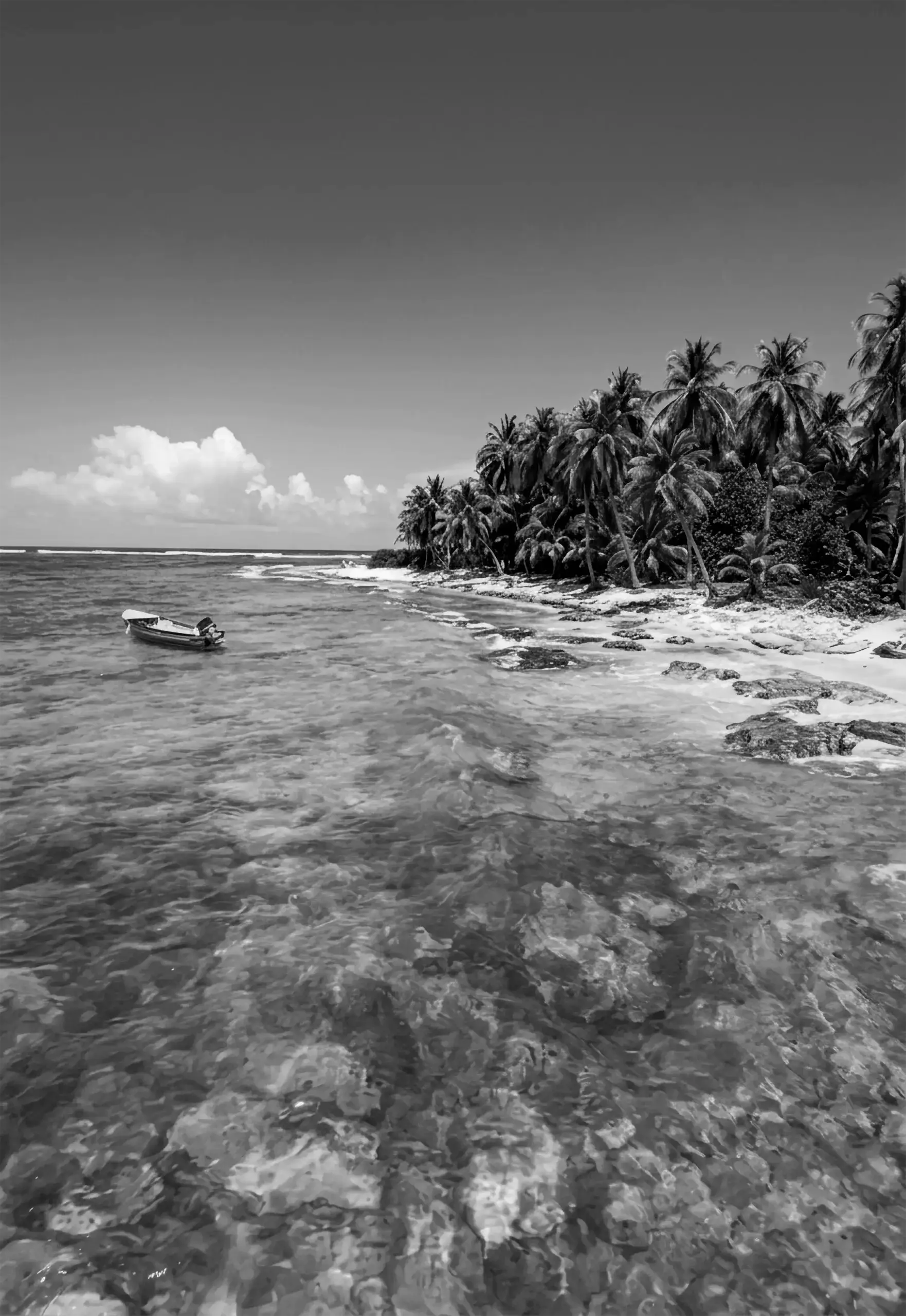 Costa de San Andrés con aguas transparentes, rocas y palmeras, con una pequeña embarcación cerca de la orilla.