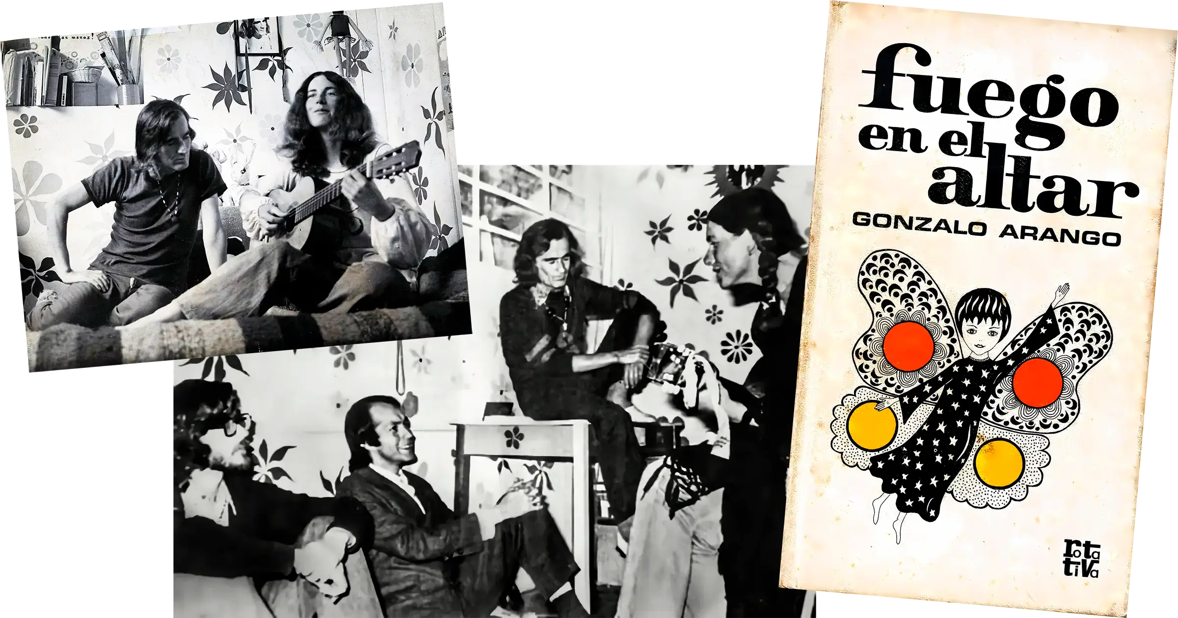 Dos escenas de reunión en una habitación, con una guitarra, junto a la cubierta de Fuego en el altar, ilustrada con un ángel de colores.