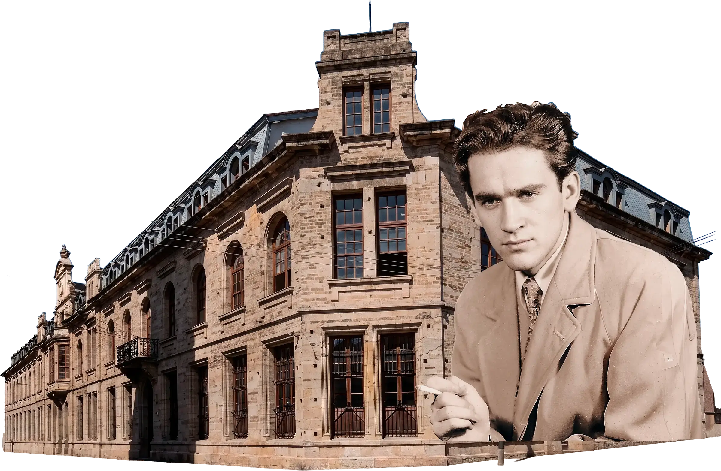 Montaje de un edificio de ladrillo con ventanas arqueadas y un retrato de Gonzalo Arango joven, sentado con un cigarrillo.