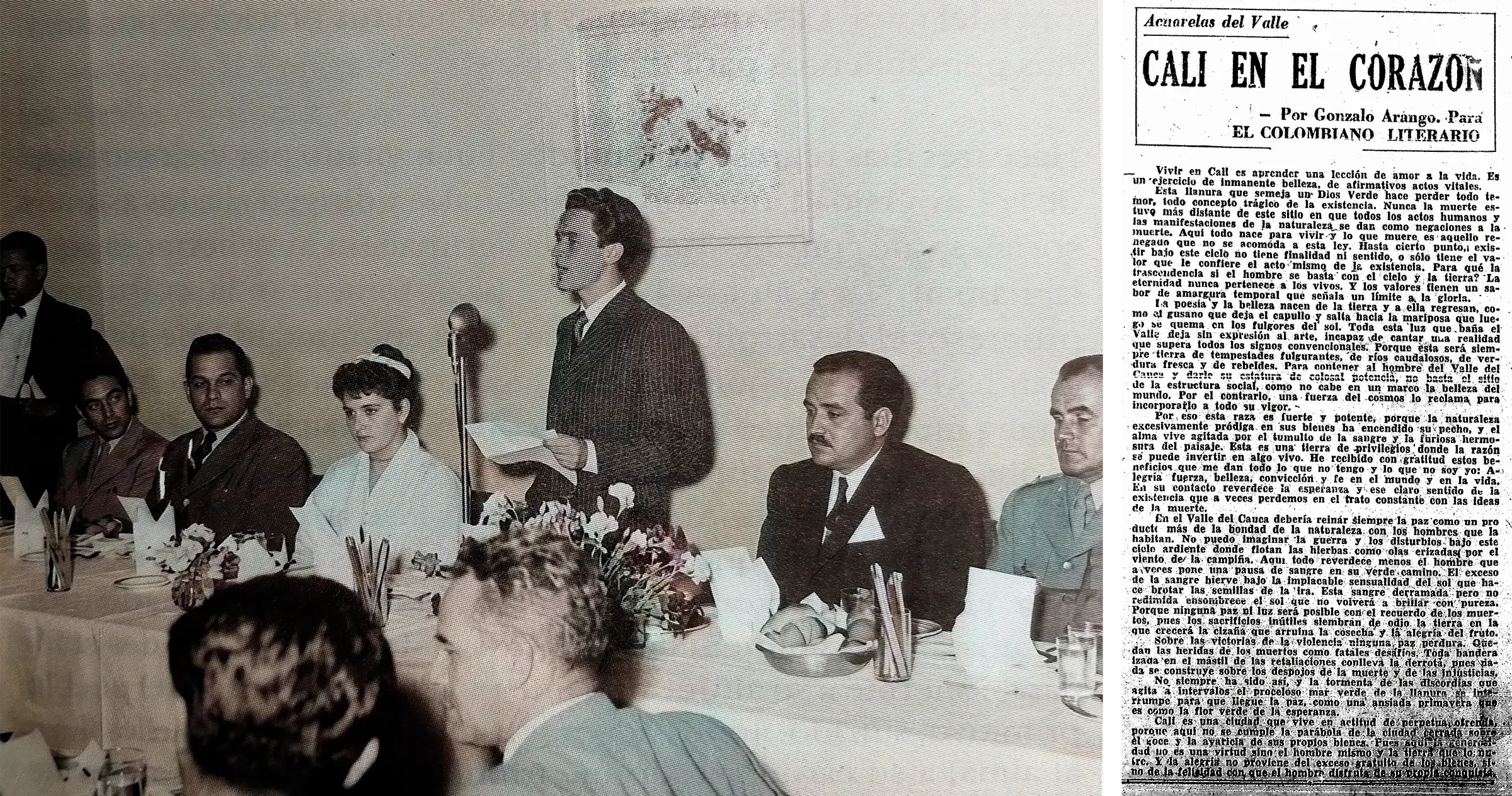 Gonzalo Arango lee de pie ante un micrófono y una mesa de asistentes, junto al recorte de su artículo Cali en el corazón.