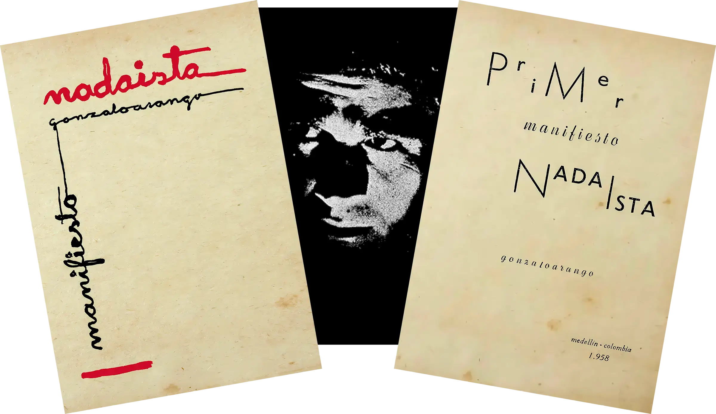 Cubierta y portada interior del Primer Manifiesto Nadaísta, con letras de distintos tamaños y un retrato en alto contraste entre ambas.