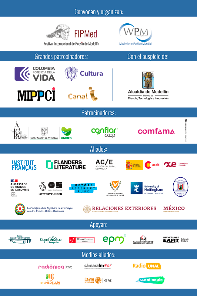 Imagen con los logos de las entidades que apoyan el Festival Internacional de Poesía de Medellín 2023.
