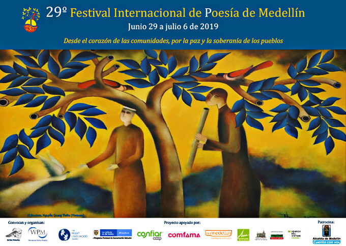 Cartel y logos de las entidades que organizan y apoyan el XXIX Festival Internacional de Poesía de Medellín