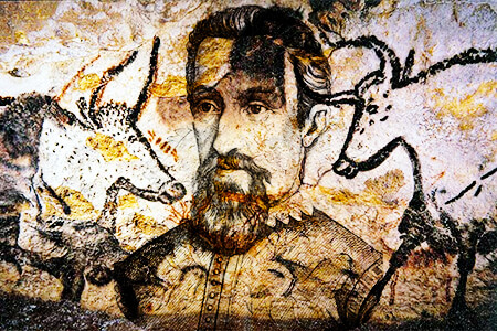 Mezcla / montaje de una pintura de las cuevas de Lascaux (Francia) con un retrato del científico Johannes Kepler