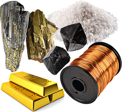 Fotos de diversos minerales como sal, oro y cobre, entre otros.
