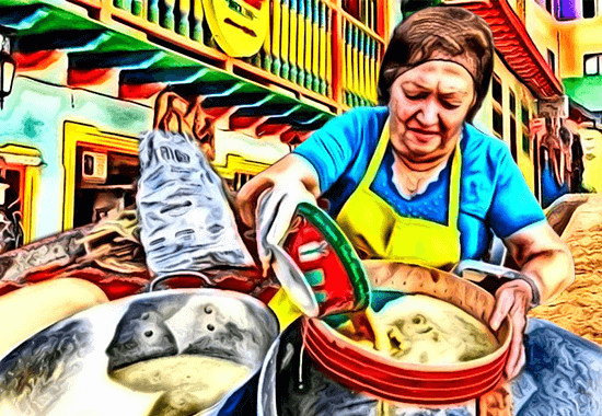 Ilustración de una mujer antioqueña preparando natilla y buñuelos