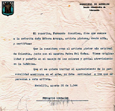 Carta de recomendación de Fernando González para Débora Arango