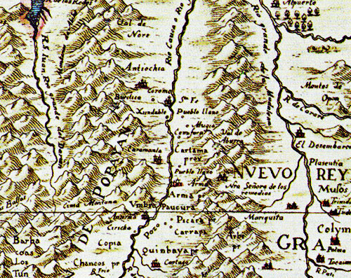 Valle de Aburrá en un mapa de la Nueva Granada y Popayán elaborado por Guillermo Janszoom, Amsterdam, 1635