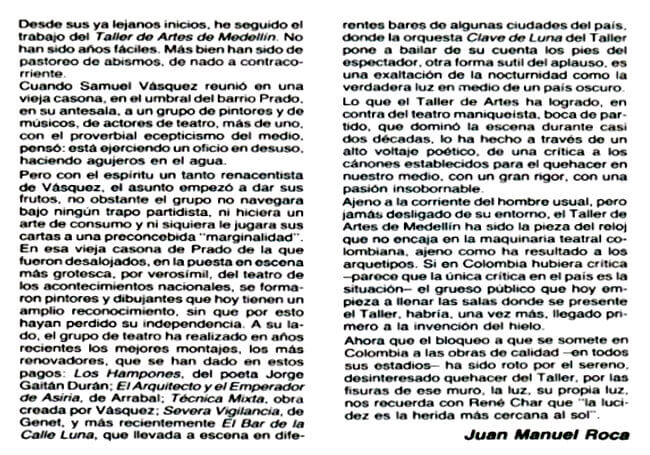 Artículo de Juan Manuel Roca sobre el Taller de Artes de Medellín en la revista Gestus de Bogotá, 1990